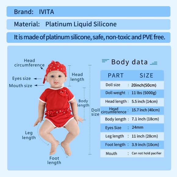 20'' Full Body Silicone Lifelike Baby Girl Doll Artificial Silicone Reborn Doll - Picture 4 of 12